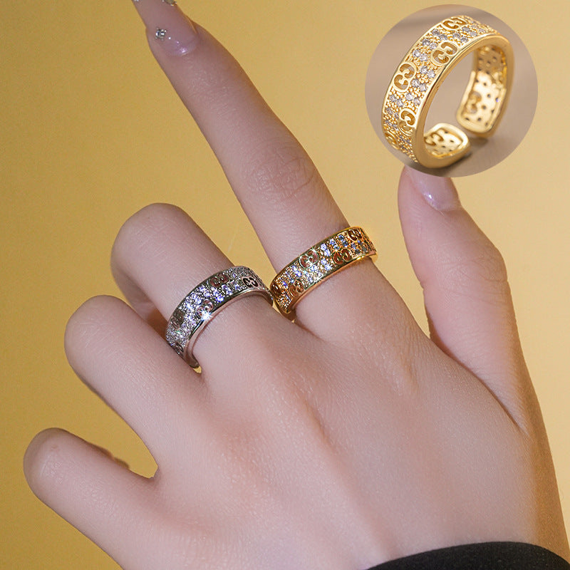 Minimalist Letter Shape Gold Plated Copper Ring with Rhinestone Inlay for Couples