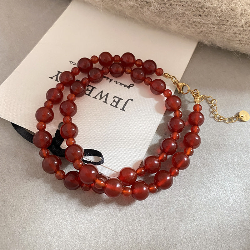 Sweet Sporty Red Beaded Rope Chain Necklace Titanium Steel Plated Adjustable Collarbone Chain for Women and Men