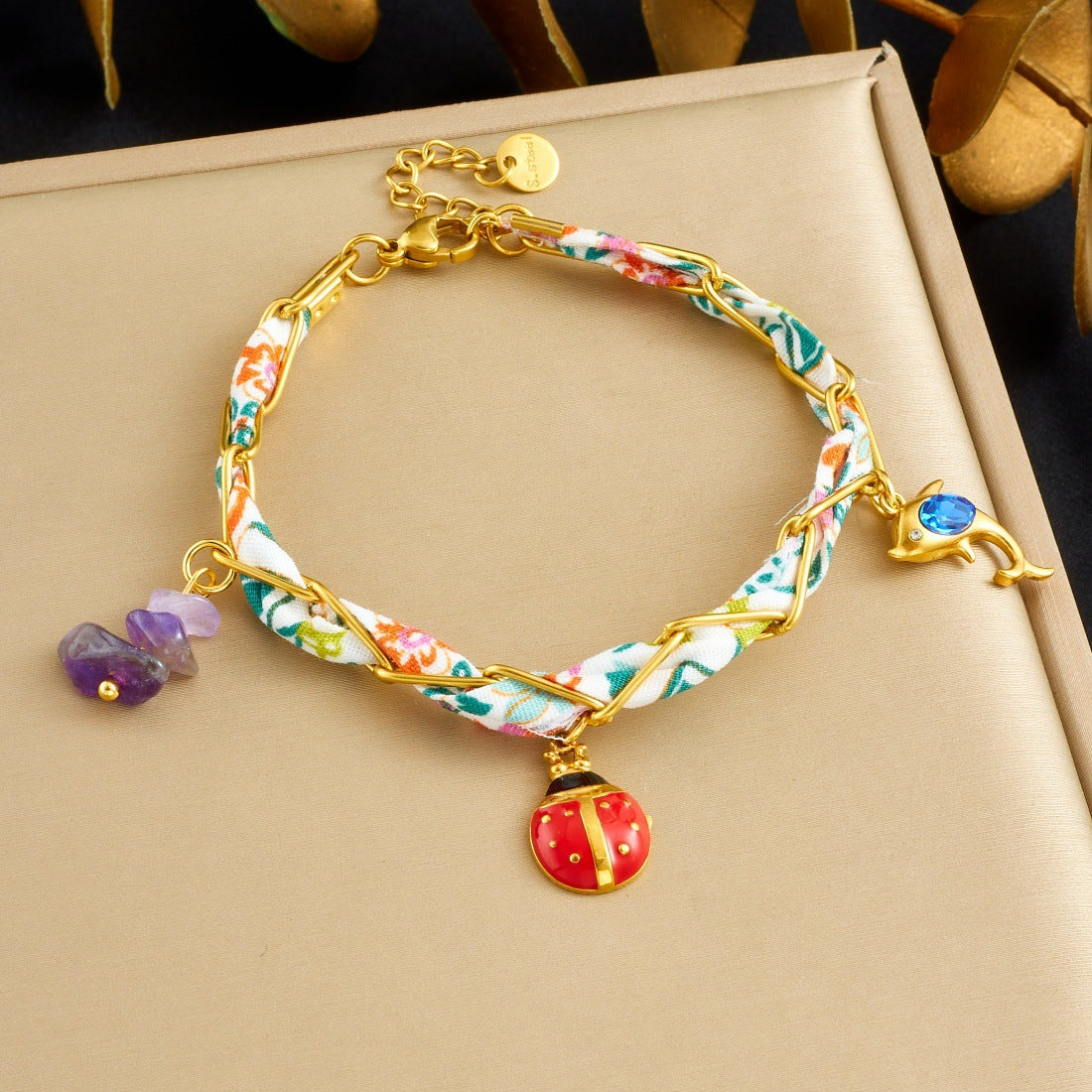 Fashion Drip Oil Stainless Steel Bracelet with Ladybug, Fish, Dolphin and Pearl Shell Charms