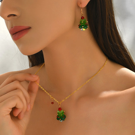 Conjunto de Collar y Pendientes de Árbol de Navidad Geométrico para Mujer en Aleación de Zinc con Incrustaciones de Cristal, Joyería de Moda para Uso Diario