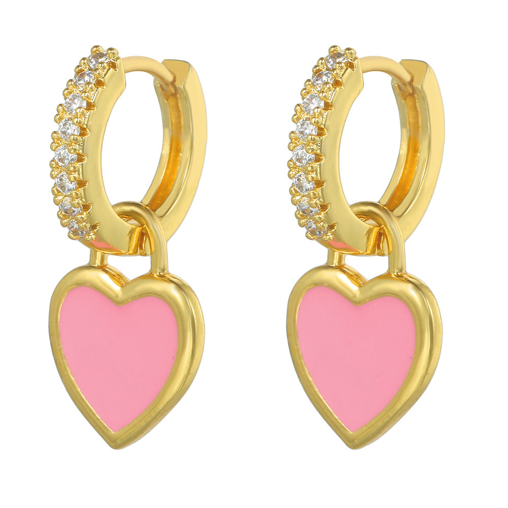 Casual Minimalist Heart Cubic Zirconia Inlay Brass Earrings
