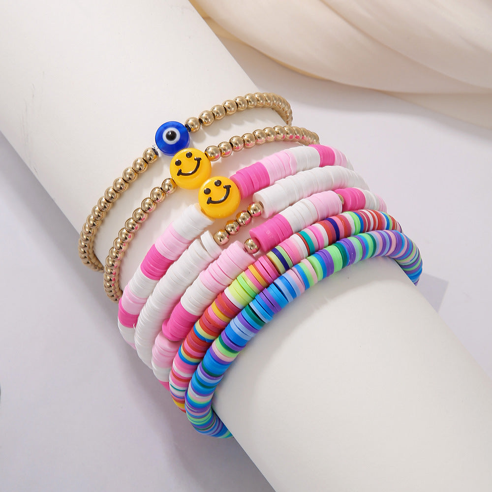 Bohemian Sweet Geometric Resin Brass Acrylic Bracelet Set with Eye and Smile Charms