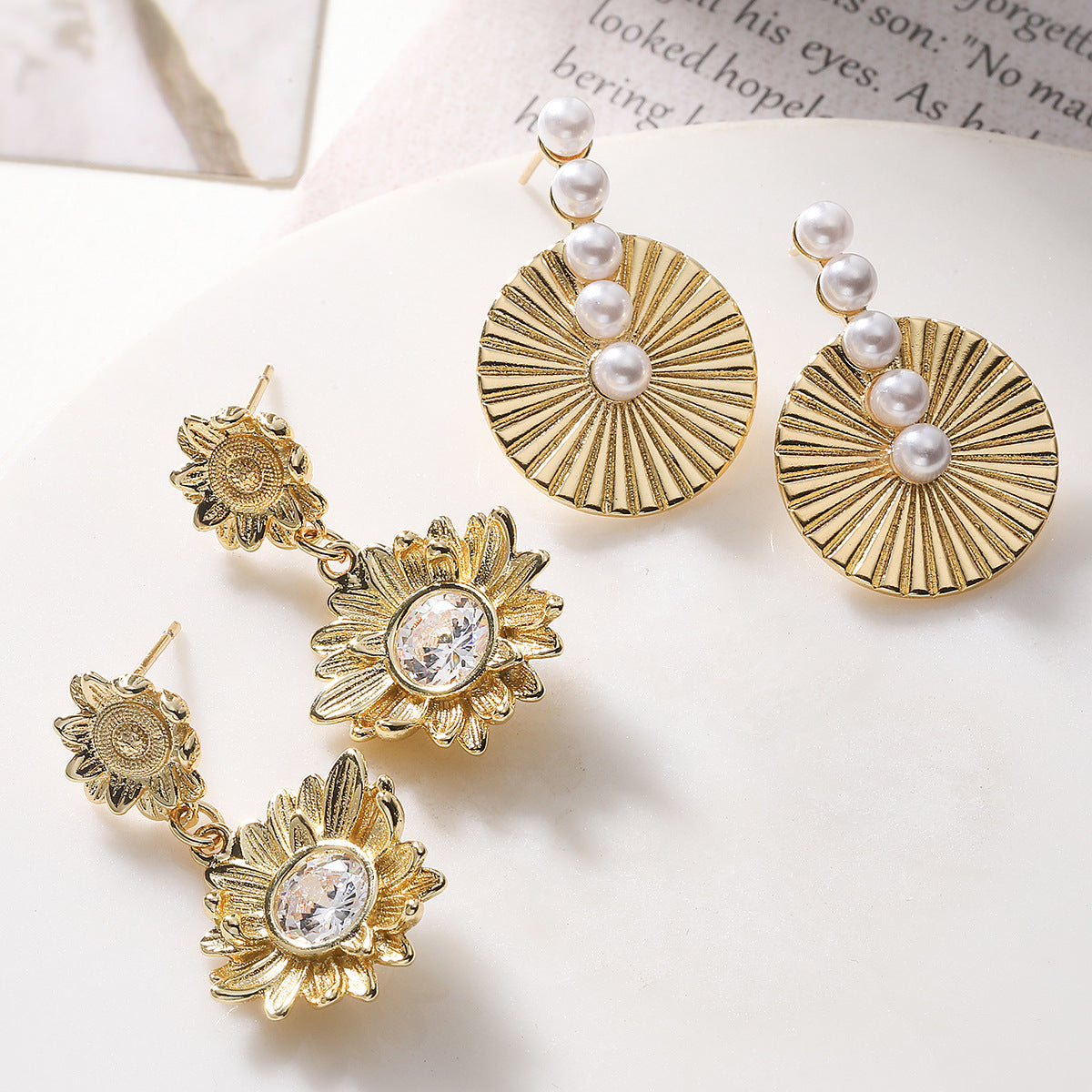 Minimalist 18K Gold Plated Brass Geometric Floral Earrings with Cubic Zirconia and Pearl for Women