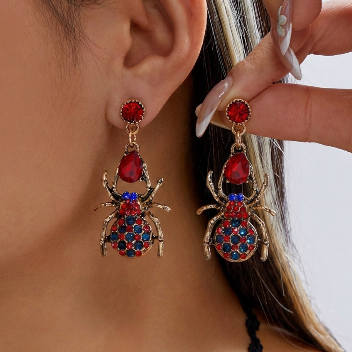 Gothic Punk Rhinestone Inlaid Geometric Alloy Earrings with Bat and Tassel Design
