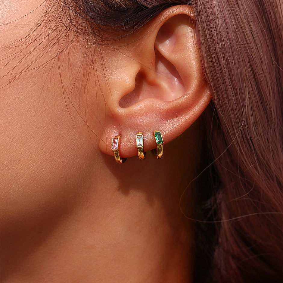 Minimalist Retro Geometric Stainless Steel Gold-Plated Square Zircon Hoop Earrings for Women