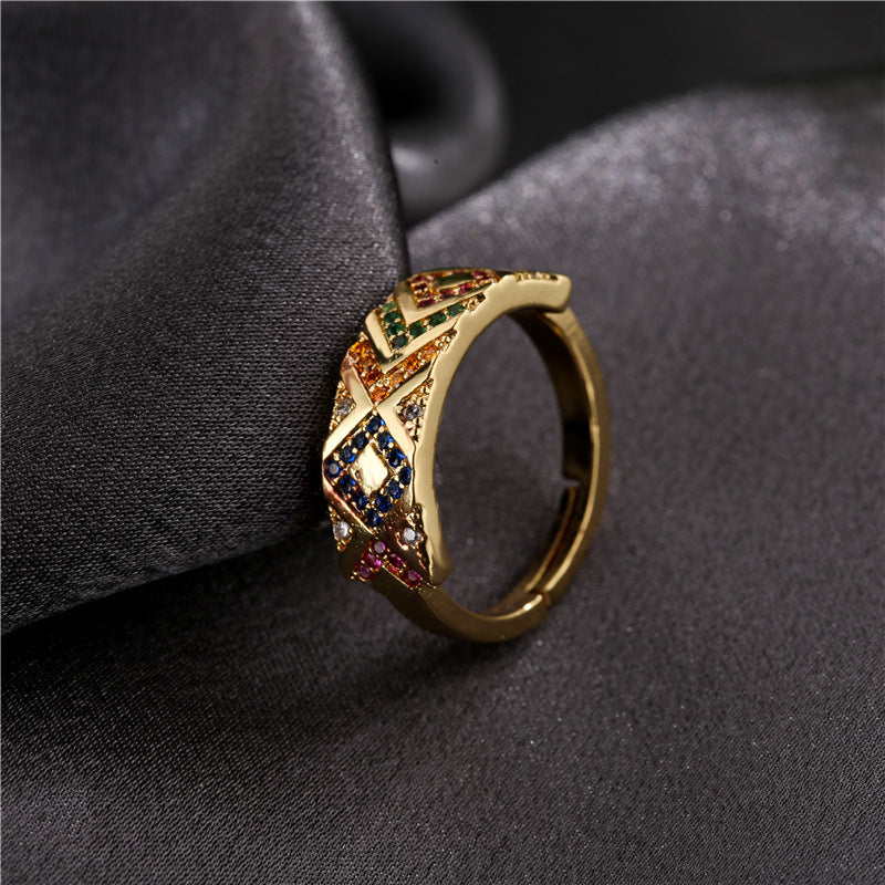 Anello geometrico minimalista in rame con placcatura in oro e zirconi colorati micro-incastonati per donna