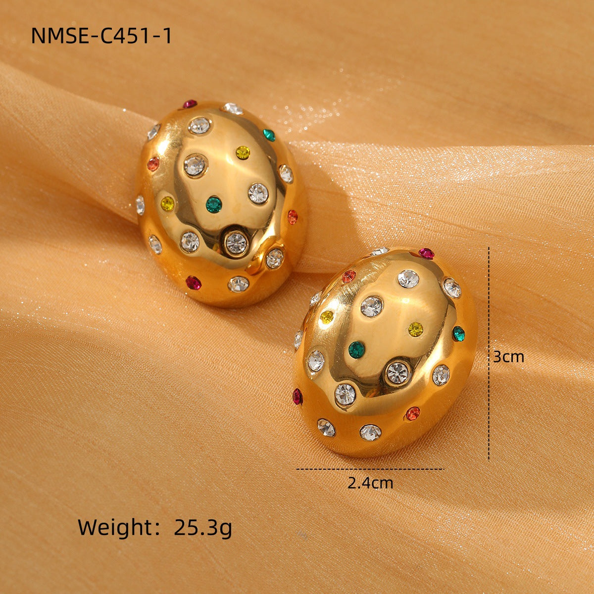 Fashionable Oval-Shaped Titanium Steel Stud Earrings for Women with Rhinestone Inlay and Plated Finish