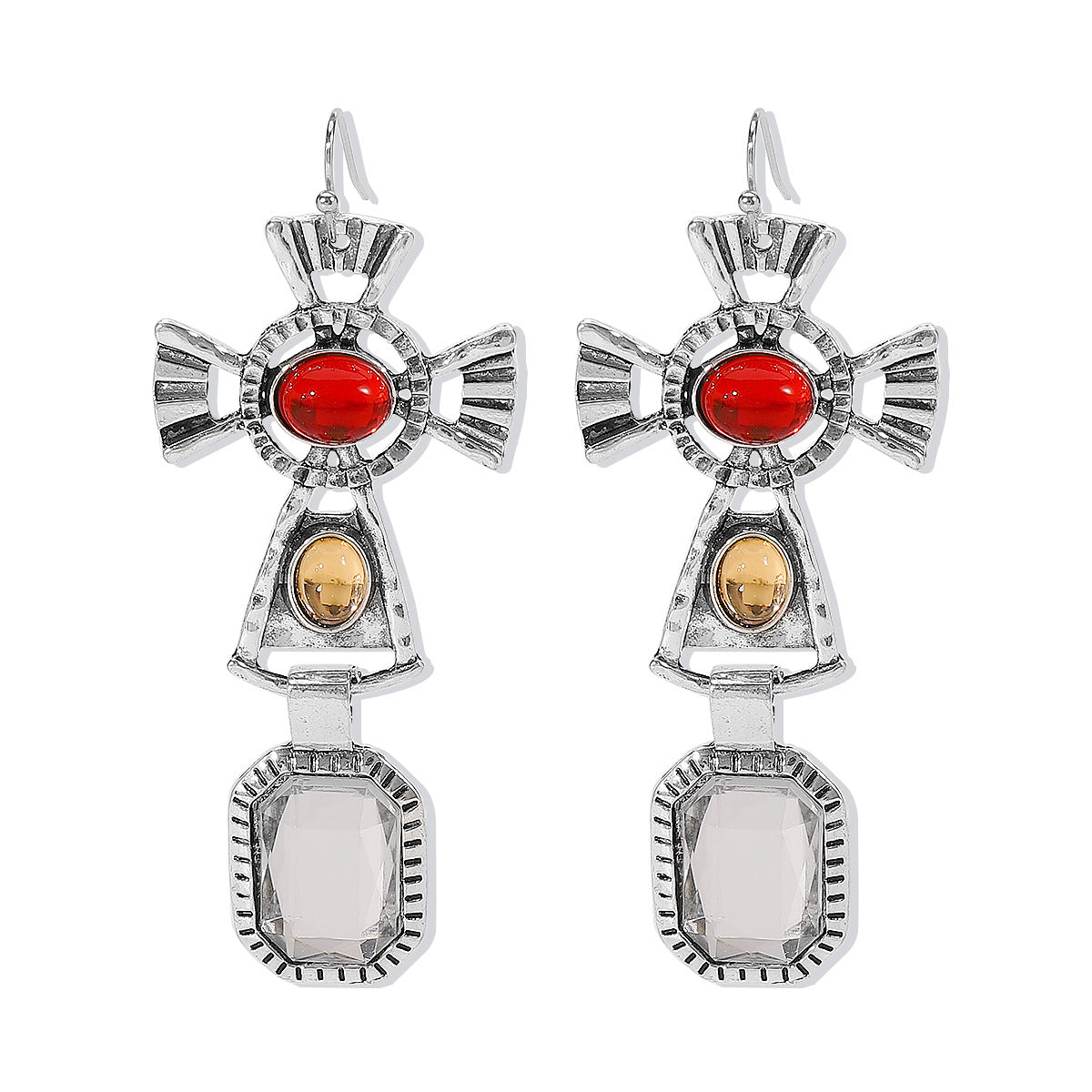 Pendientes vintage de aleación con diseño geométrico étnico e incrustaciones de diamantes de imitación con colgante de cruz para mujer