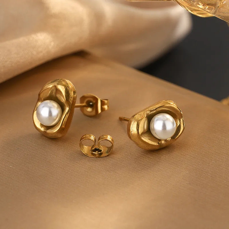 Elegant 18K Gold Plated Stainless Steel Round Pearl Necklace Set for Women