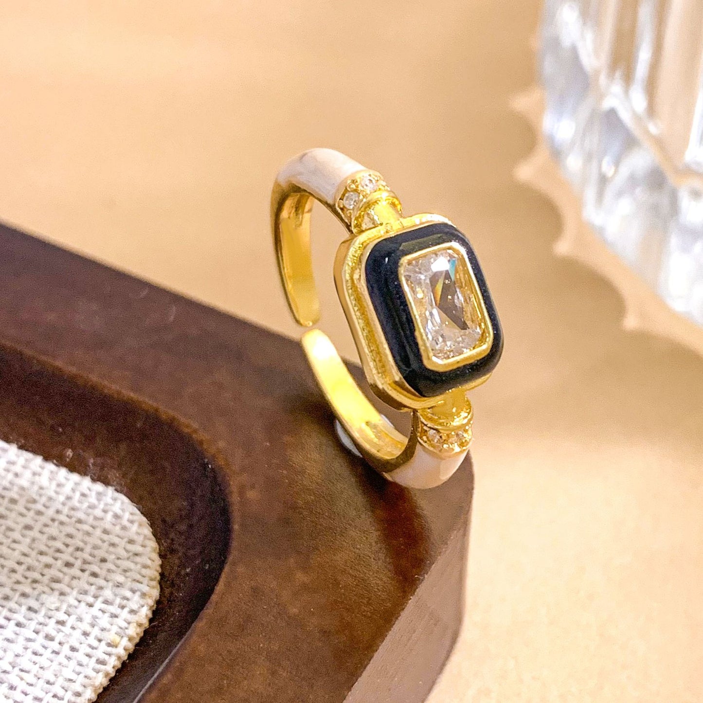 Sweet Geometric Square Gold Plated Brass Ring with Cubic Zirconia and Enamel Drip Oil Design for Women