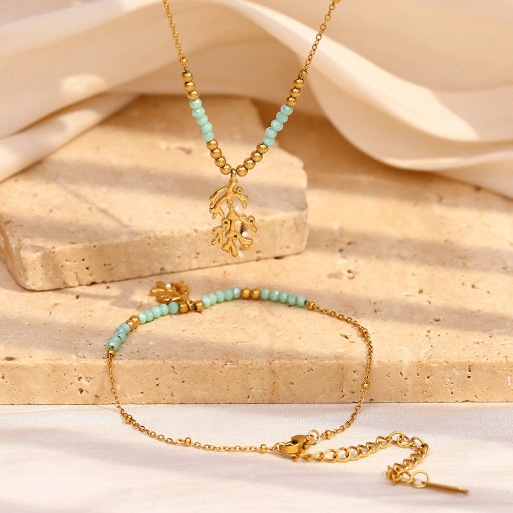 Minimalist Geometric Branch-Shaped Necklace in Stainless Steel with 18K Gold Plating and Natural Stone Accent for Women