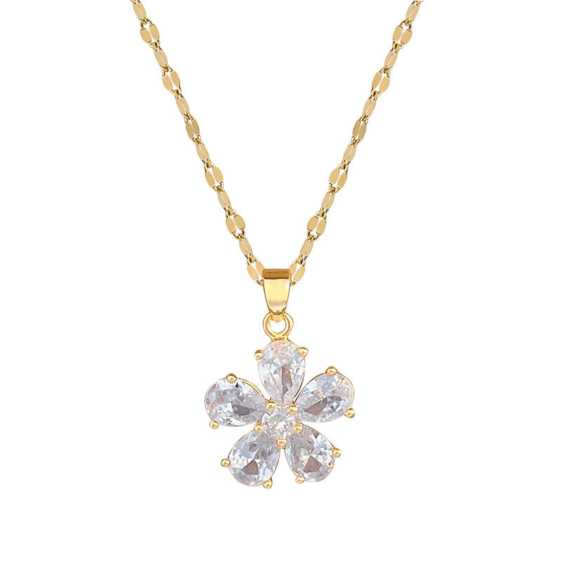 Sweet Minimalist Five-Petal Flower Rhinestone Inlay Titanium Steel Necklace for Unisex