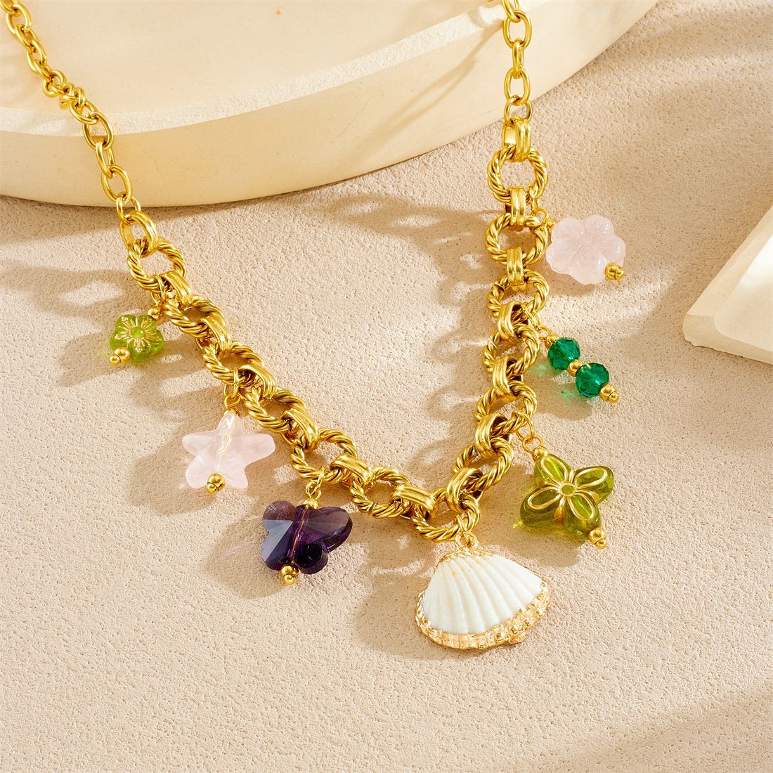 Luxury Gold Plated Stainless Steel Cable Chain Necklace with Butterfly Flower Star Acrylic Pendant for Women