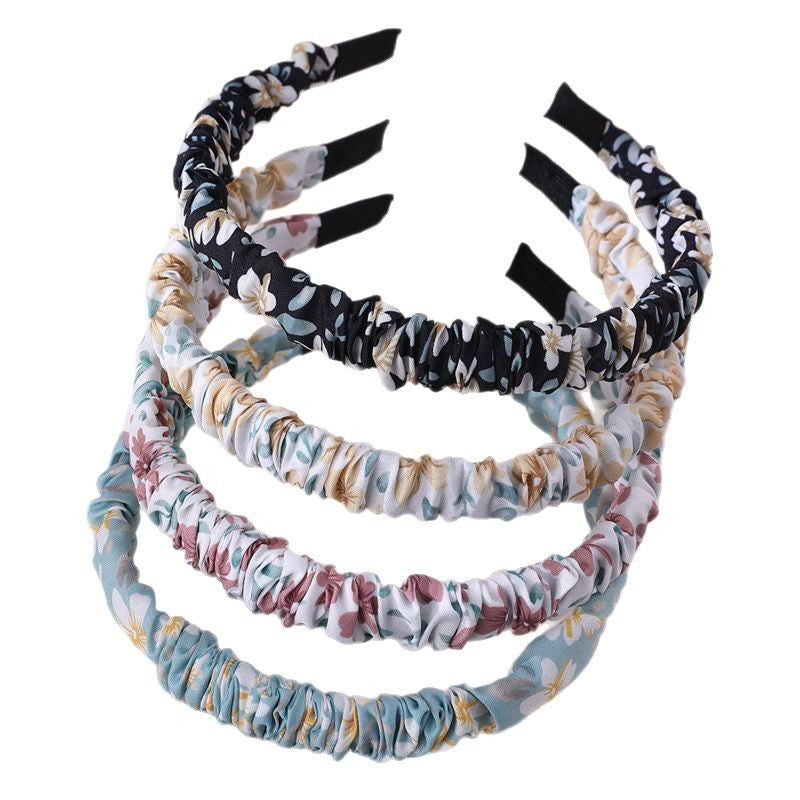 Diadema de tela rizada con estampado floral retro para niñas con revestimiento de resina brillante, accesorio de verano bohemio para el cabello