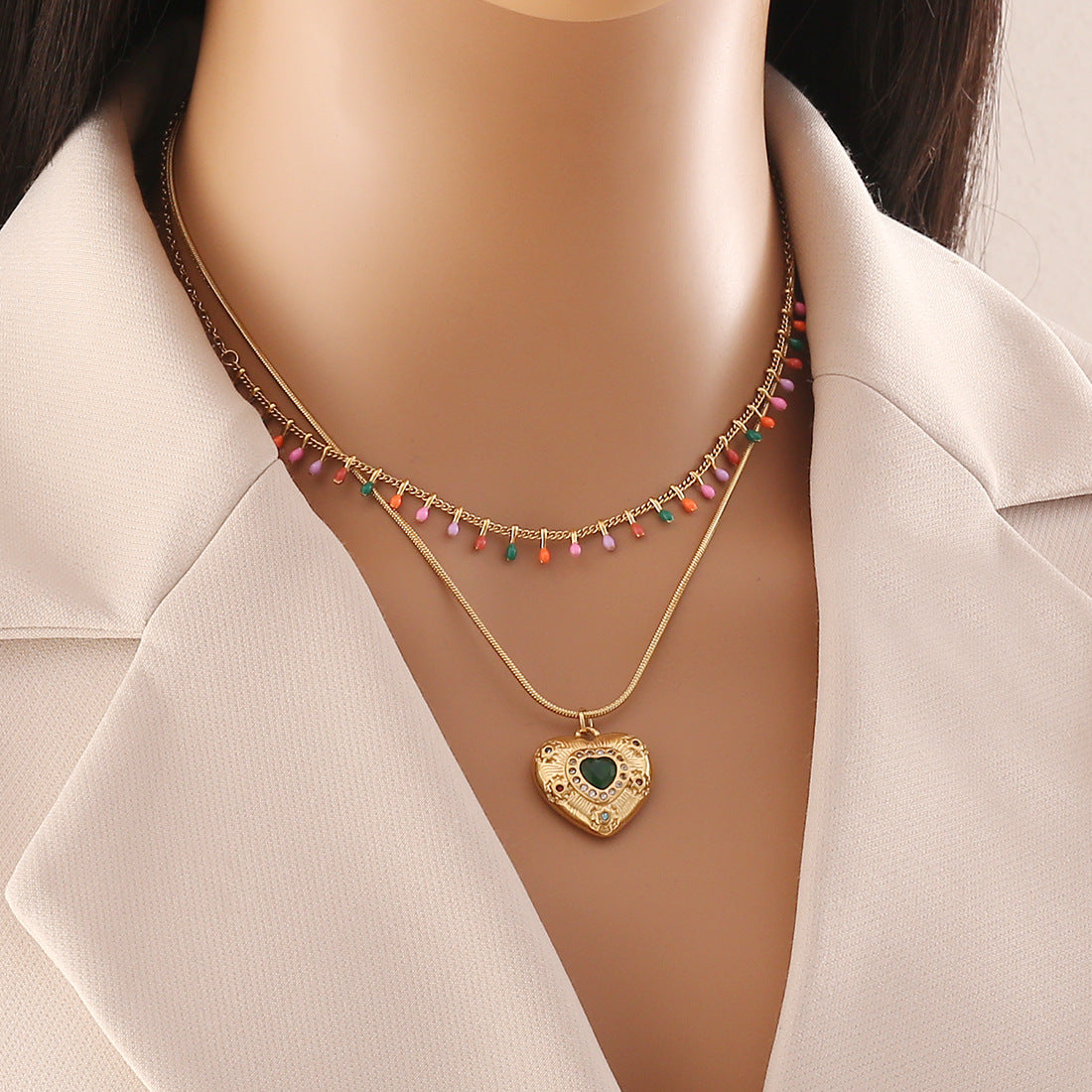 Fashionable Geometric Stainless Steel Double-Layer O-Chain Necklace with Enamel-Drop Pendant for Women