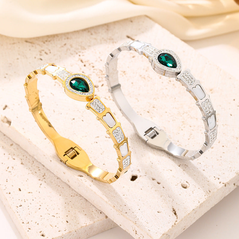 Green Cubic Zirconia Teardrop Geometric Plated Titanium Steel Bracelet with Clasp