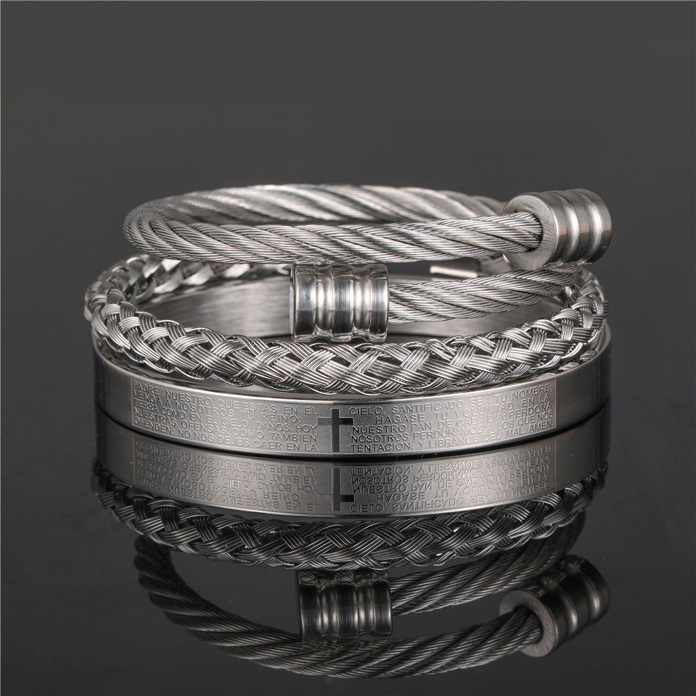 Punk Geometric Round Letter Titanium Steel Plated Open Cuff Bracelet Set for Unisex