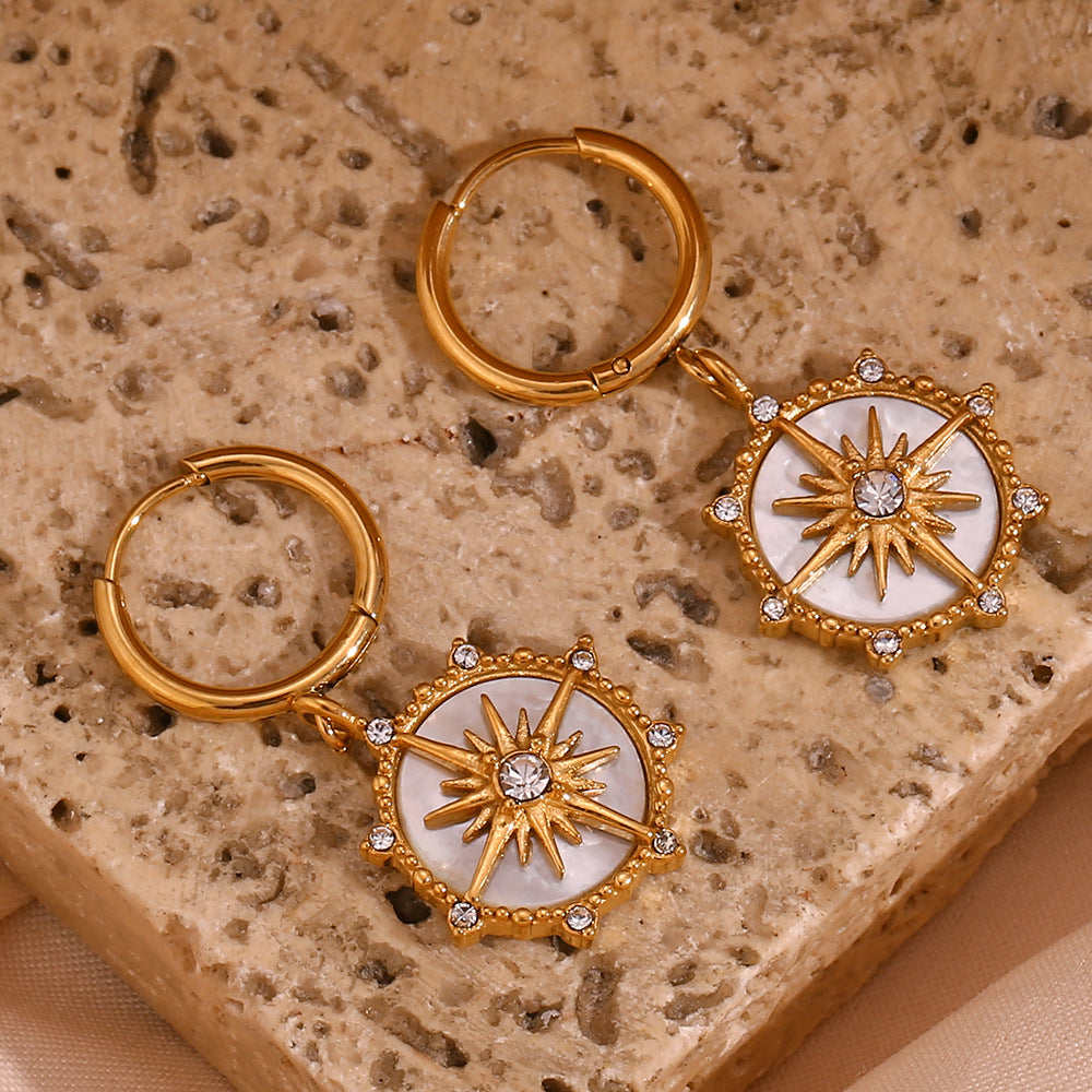 Vintage-Inspired Geometric Compass Earrings for Women Stainless Steel with 18K Gold Plating Star Pendant