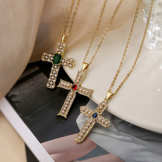 Minimalist Cross Pendant Necklace for Women Made of Brass with Cubic Zirconia Inlay and Pearl Accents
