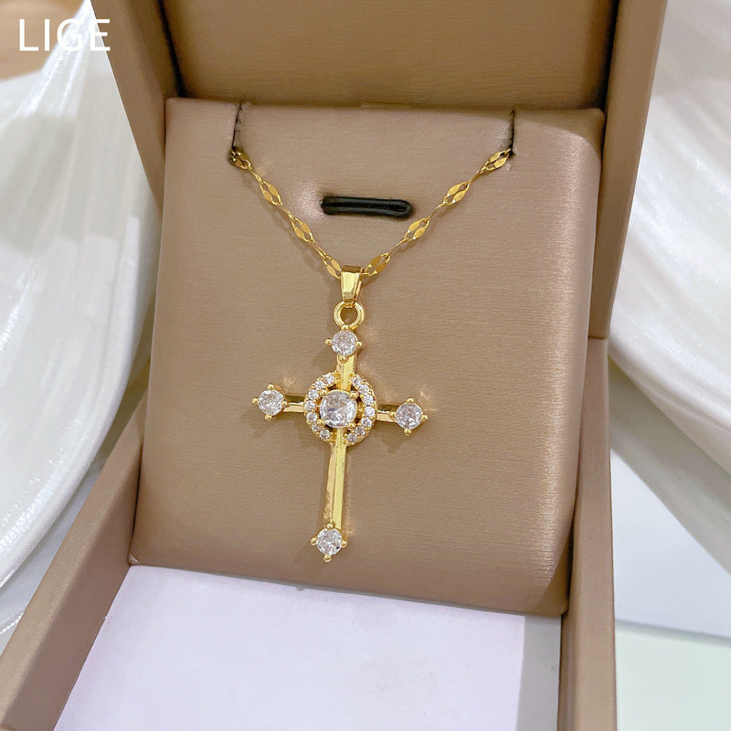 Collana con pendente di lusso Sweet Cross in zirconi e catena a collare in acciaio al titanio