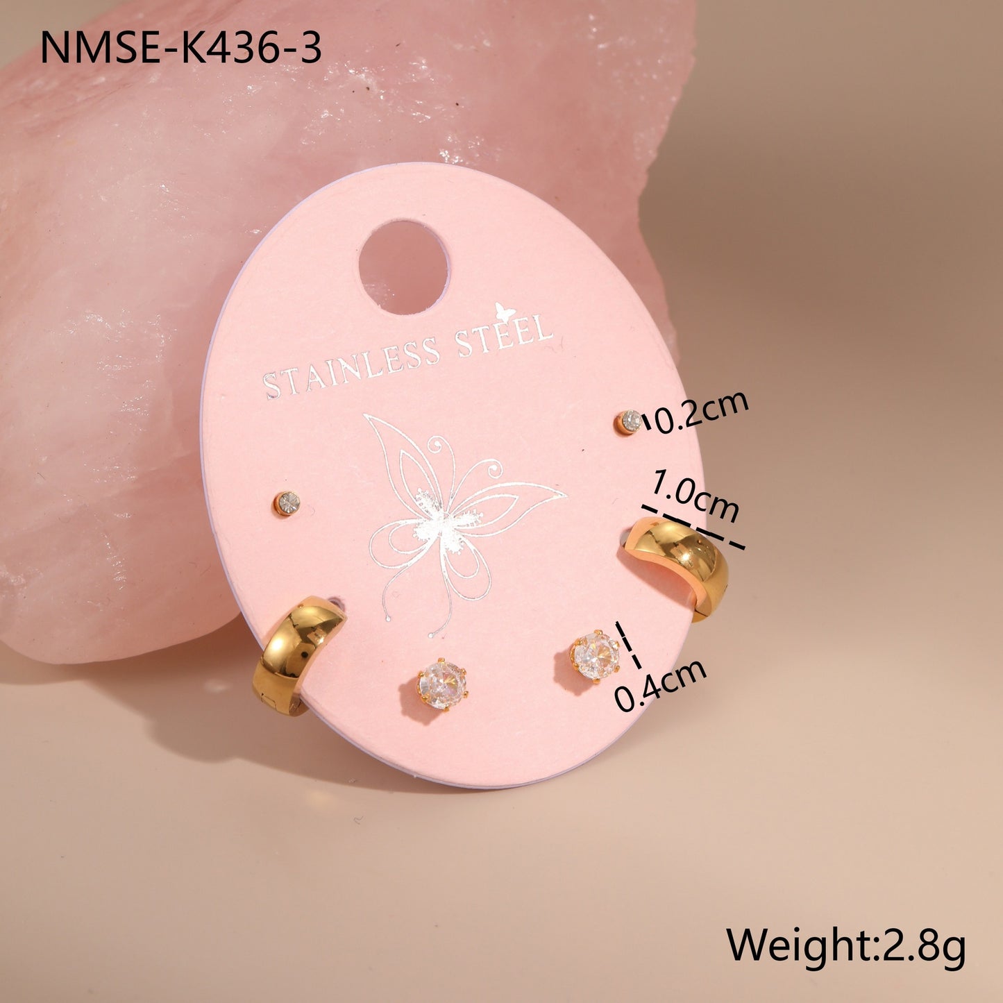 Orecchini a perno geometrici in acciaio inossidabile da donna, set da tre con intarsi di strass