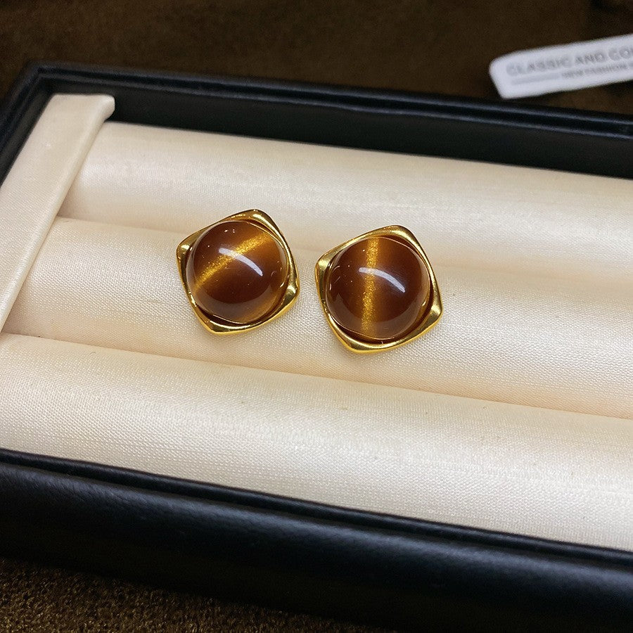 Pendientes de tuerca retro de ojo de tigre geométricos con baño de rodio para mujer, joyería de uso diario minimalista de lujo