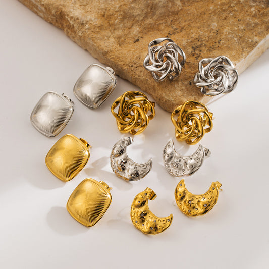 Minimalist Geometric Moon and Floral Stainless Steel Earrings with Gold Plating for Women