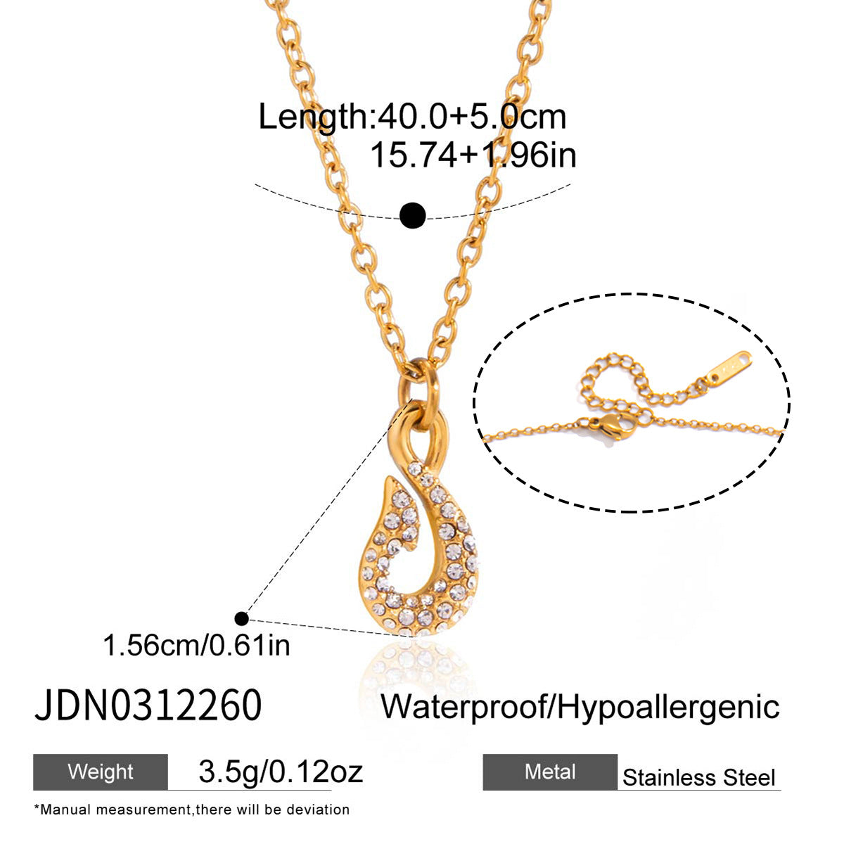 Minimalist Rhinestone Fish Hook Titanium Steel Necklace and Bracelet Set with Cable Chain for Women