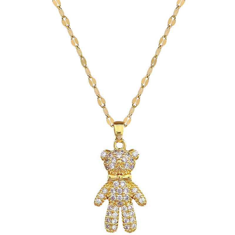 Luxury Titanium Steel Geometric Bear Pendant Necklace with Rhinestone Accents for Women, Adjustable Locket Chain