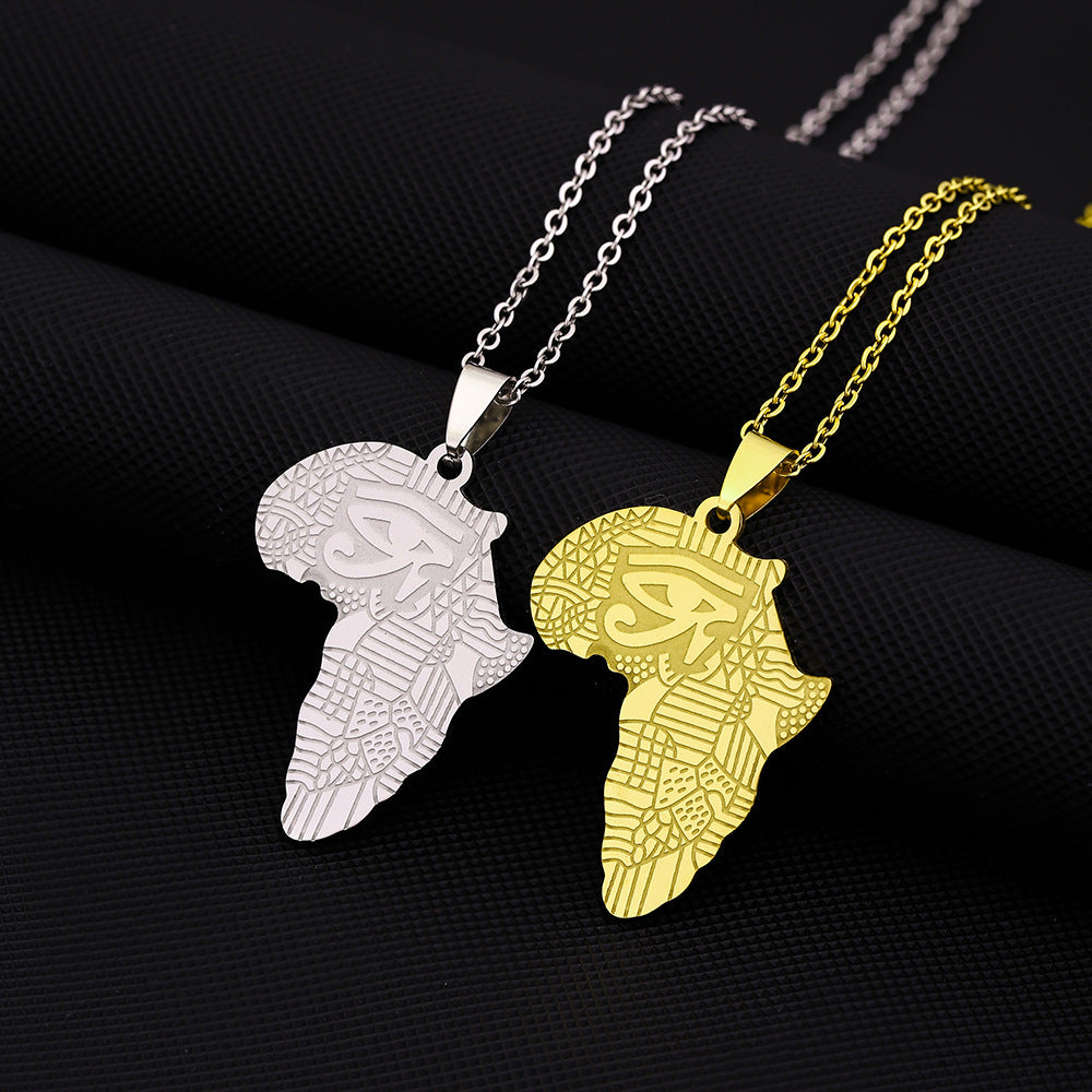 Collana con ciondolo a forma di occhio del Sahara, mappa africana vintage, in acciaio inossidabile con ciondolo in acciaio al titanio e finitura galvanica su catena a maglie ovali