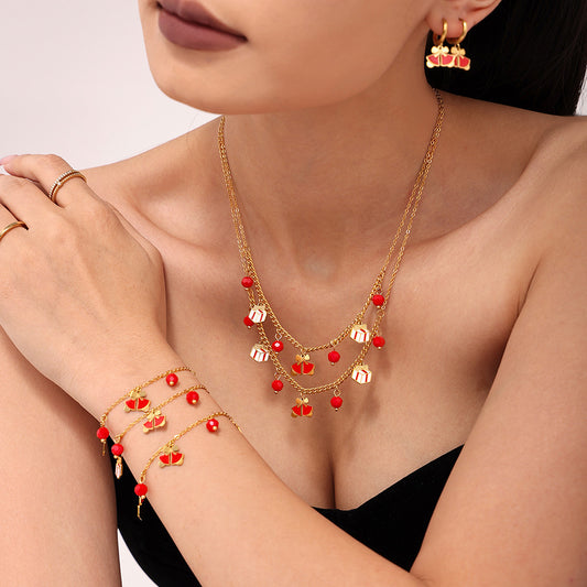 Set Collana con Ciondolo a Ruota Panoramica Stile Lusso con Granato Smaltato Design Geometrico per Donne Gioielli in Acciaio Inossidabile