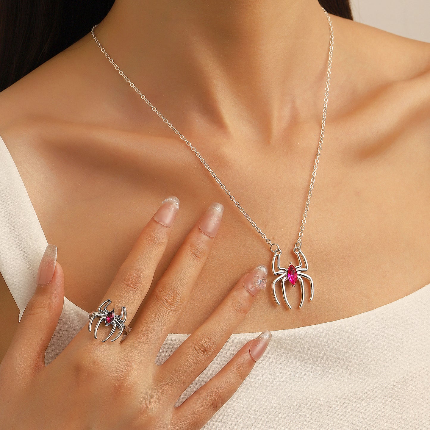 Minimalist Spider Pendant Necklace and Ring Set with Alloy Construction Electroplated Finish for Unisex Wear