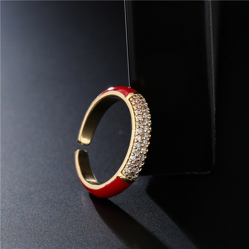 Geometric Micro-pave Cubic Zirconia and Drip Oil Brass Ring for Women