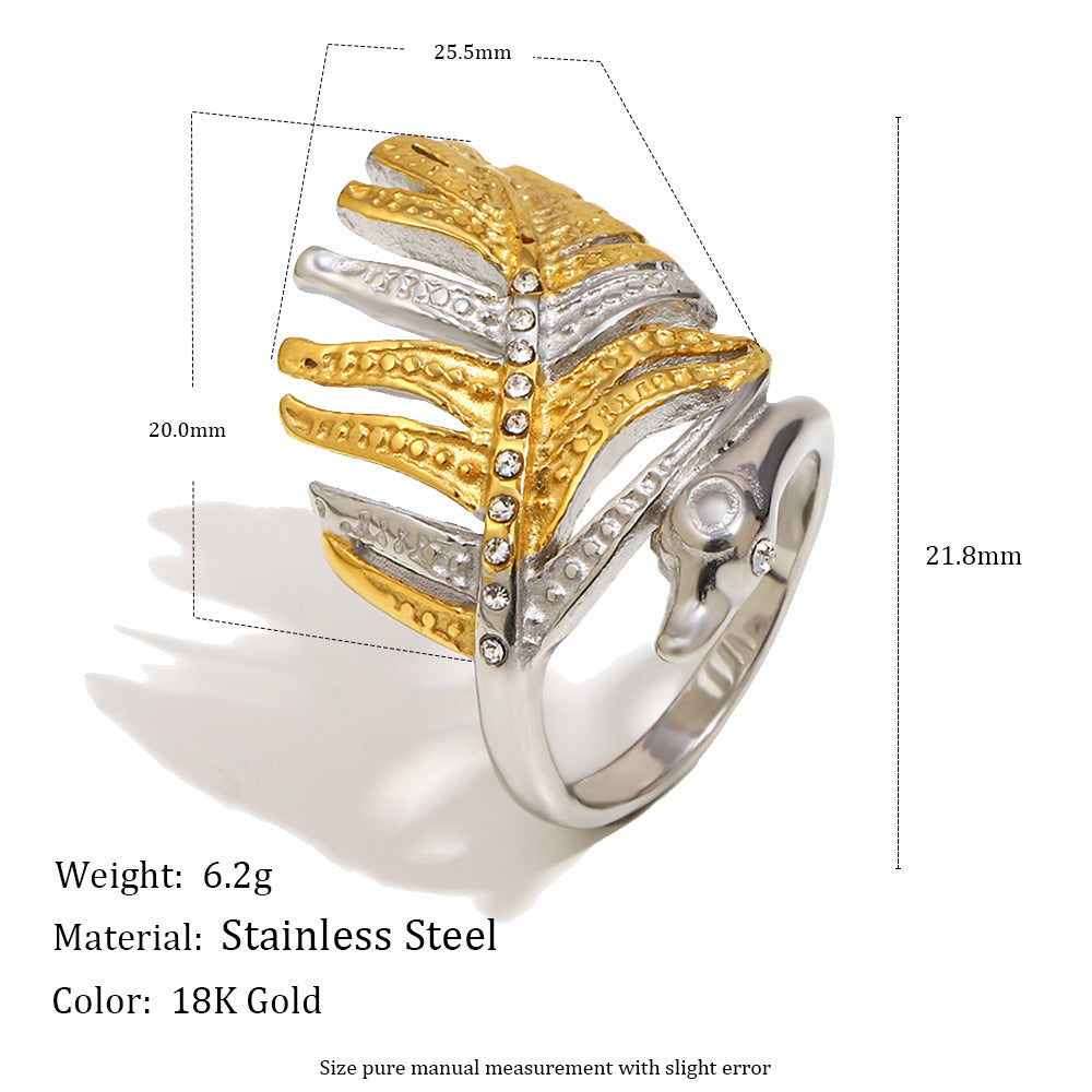 Anello da donna a foglia vintage minimalista in acciaio inossidabile placcato oro 18 carati bicolore con strass
