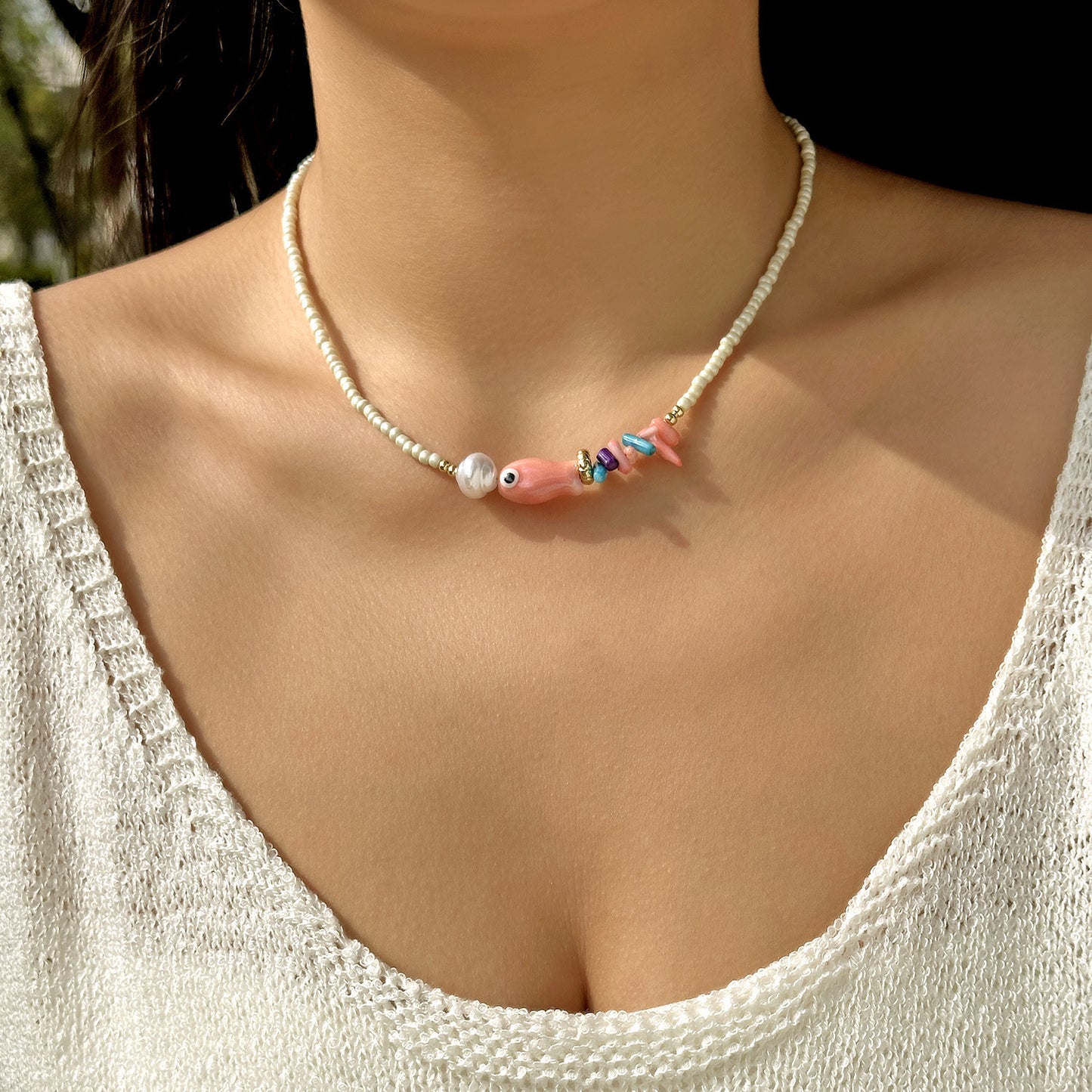 Bohemian Sweet Geometric Ceramic Resin Fish Starfish Turquoise Tassel Beaded Necklace for Women