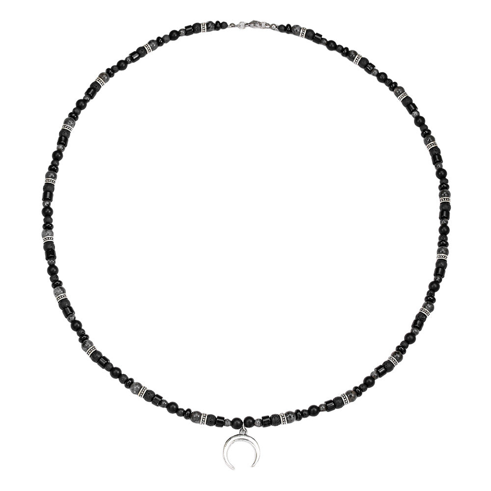 Vintage Geometric Moon Pendant Alloy and Agate Beaded Necklace for Unisex