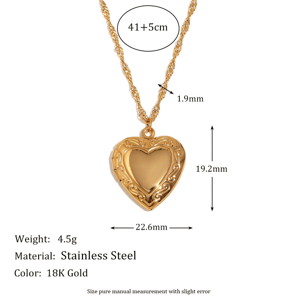 Geometric Vintage Pendant Necklace for Women Stainless Steel with 18K Gold Plating Heart-Shaped Photo Locket