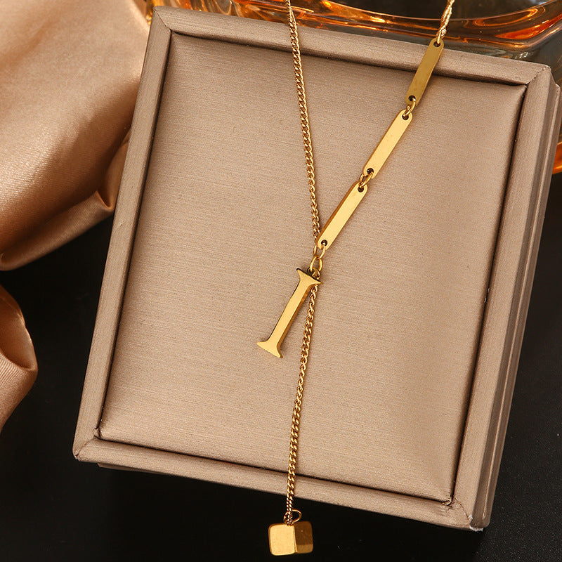 Minimalist Titanium Steel Letter Pendant Necklace with Tassel for Women