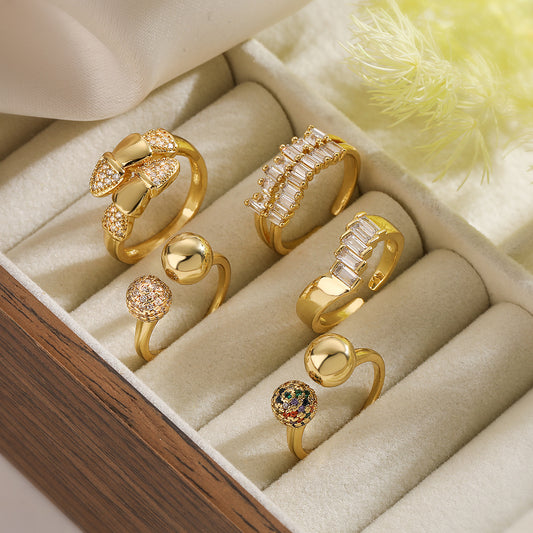 Minimalist Geometric Open Ring for Women in Brass with Real Gold Plating and Zircon Inlay