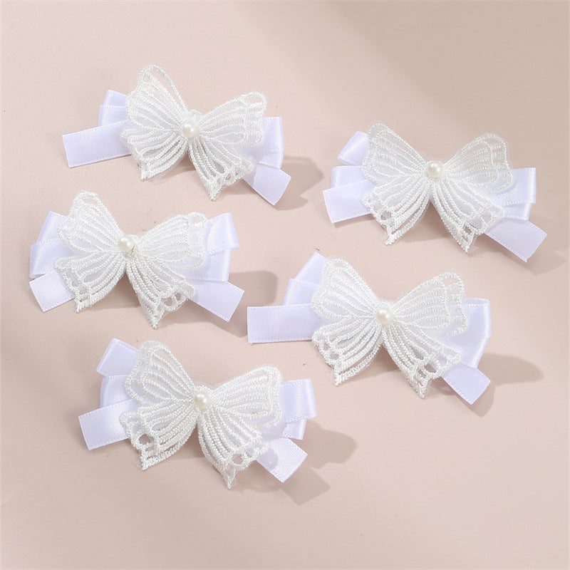 Set de Pinzas de Pelo con Lazos Bordados de Organza Blanca Minimalista para Niñas con Detalles de Perlas