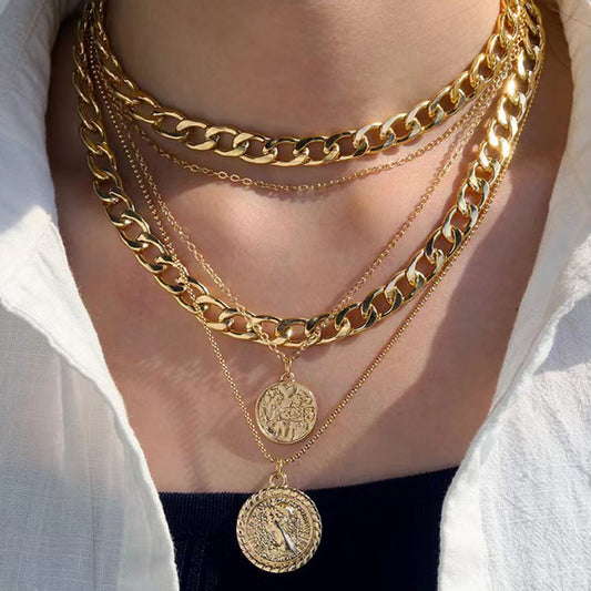 Multi-Layer Round Alloy Plated Pendant Necklace with Singapore Chain