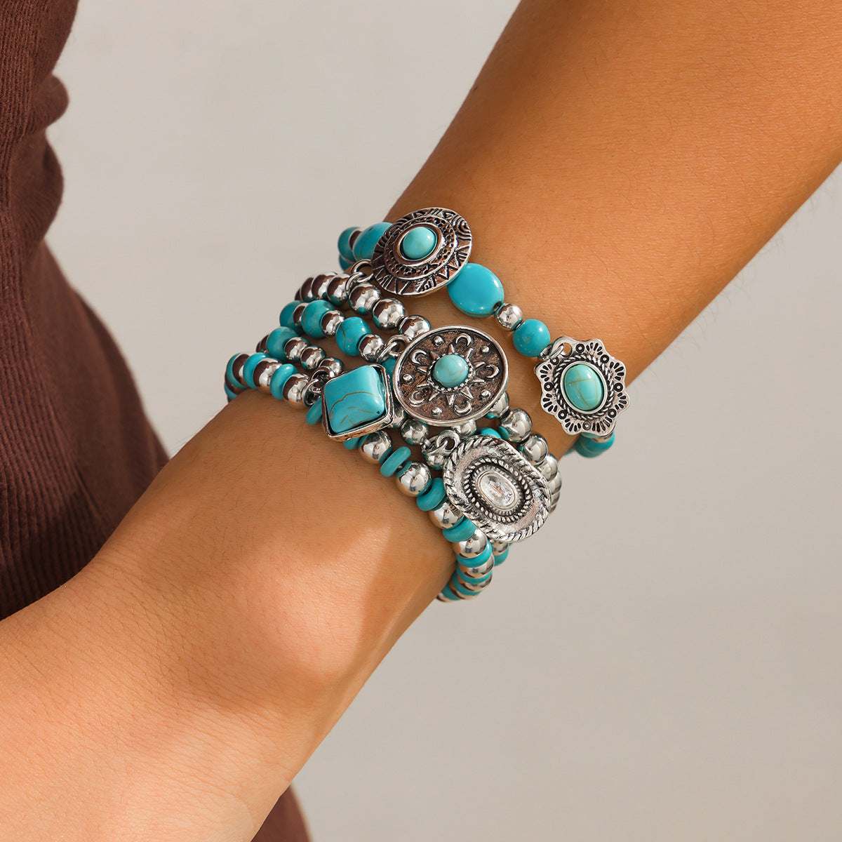 Bohemian Vintage Geometric Round Resin Plated Bracelet Set for Women