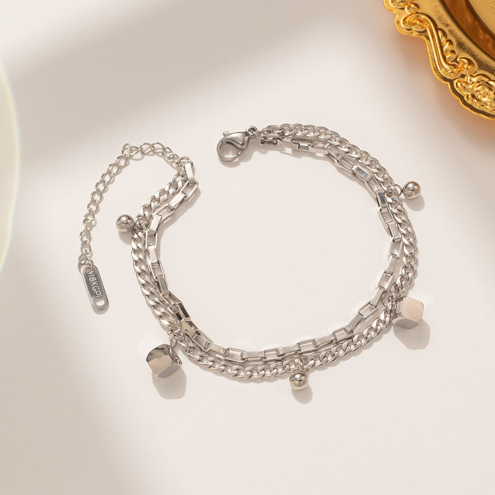 Fashion Titanium Steel Geometric Double Layer Bracelet for Women with Gold Plating and Lucky Beads