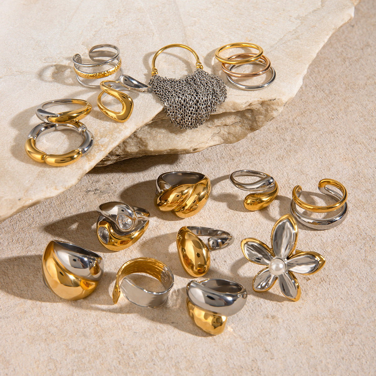 Geometric Floral Plated Stainless Steel Ring for Women