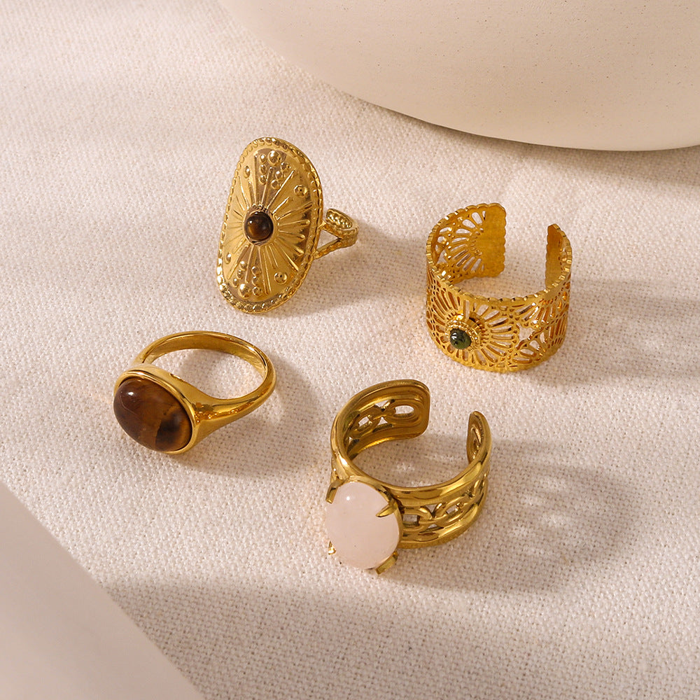 Vintage Style Adjustable Geometric Stainless Steel Ring with 18K Gold Plating and Natural Tiger Eye Inlay