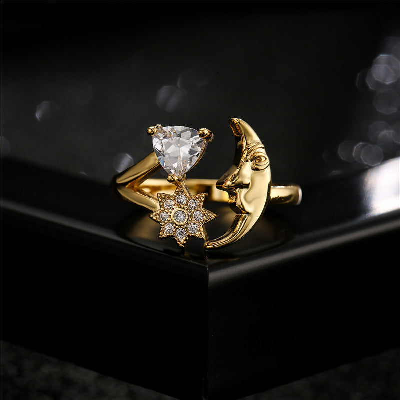 Geometric Star Moon Heart Micro-inlay Cubic Zirconia Brass Ring for Women