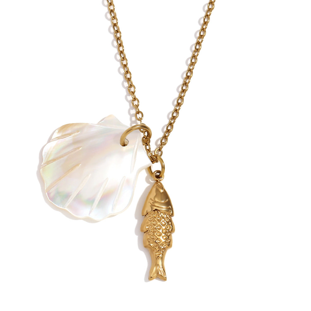 Minimalist Shell and Star Pendant Necklace in Stainless Steel with 18K Gold Plating for Women
