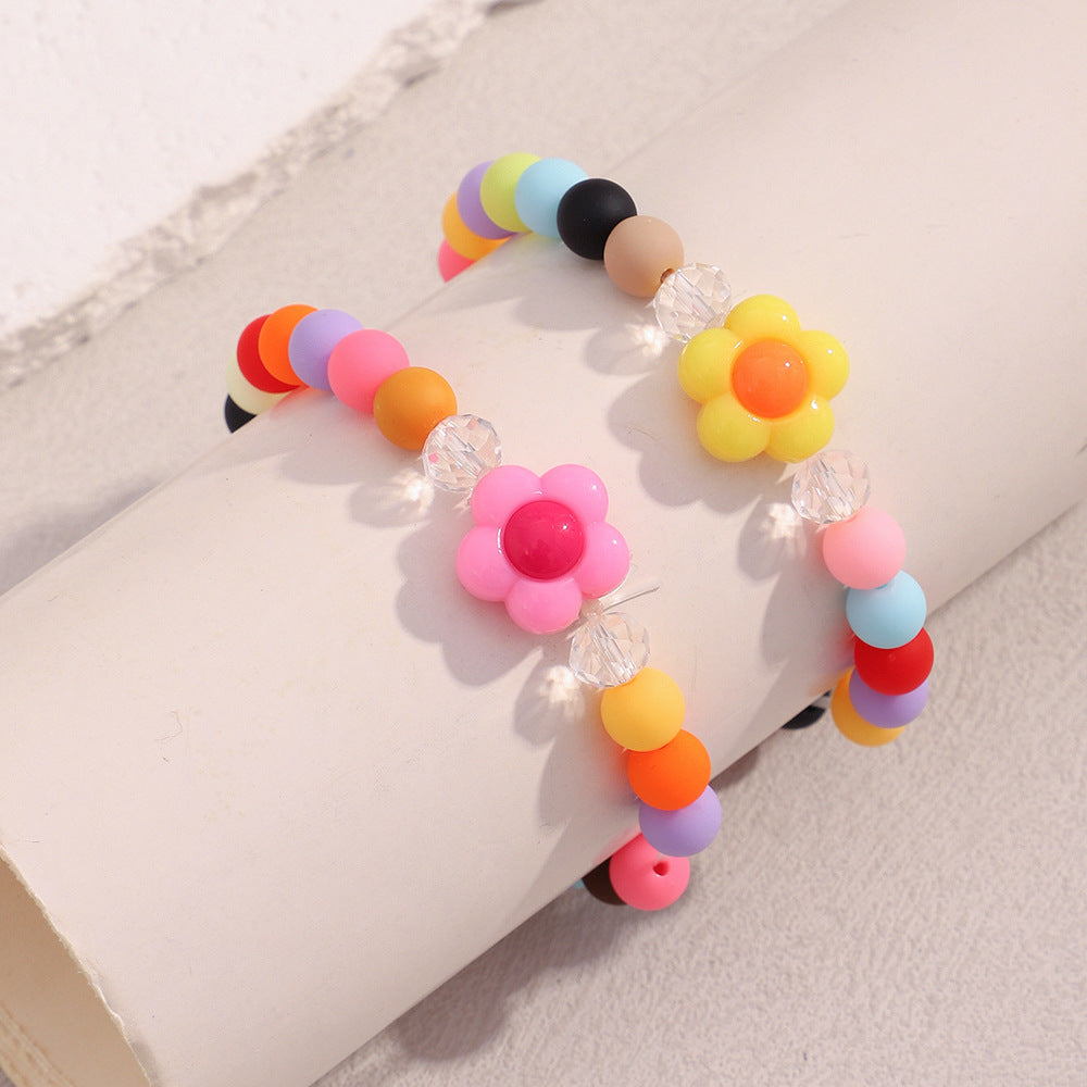 Fashionable Geometric Acrylic Bracelet with Floral Accents for Women, Handmade Dopamine-Inspired Colorful Accessory