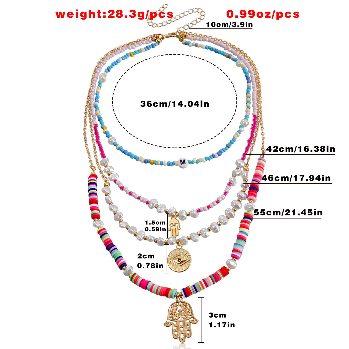 Bohemian Style Hand of Fatima Pendant Necklace for Women with Alloy Base Electroplated Finish and Colorful Polymer Clay Beads