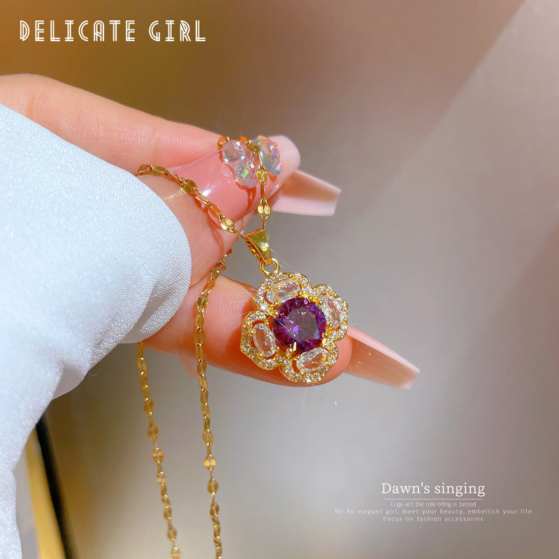 Luxury Floral Design Titanium Steel Necklace with Zircon Inlay for Women Featuring Rose Camellia and Lily of the Valley Petal Motifs